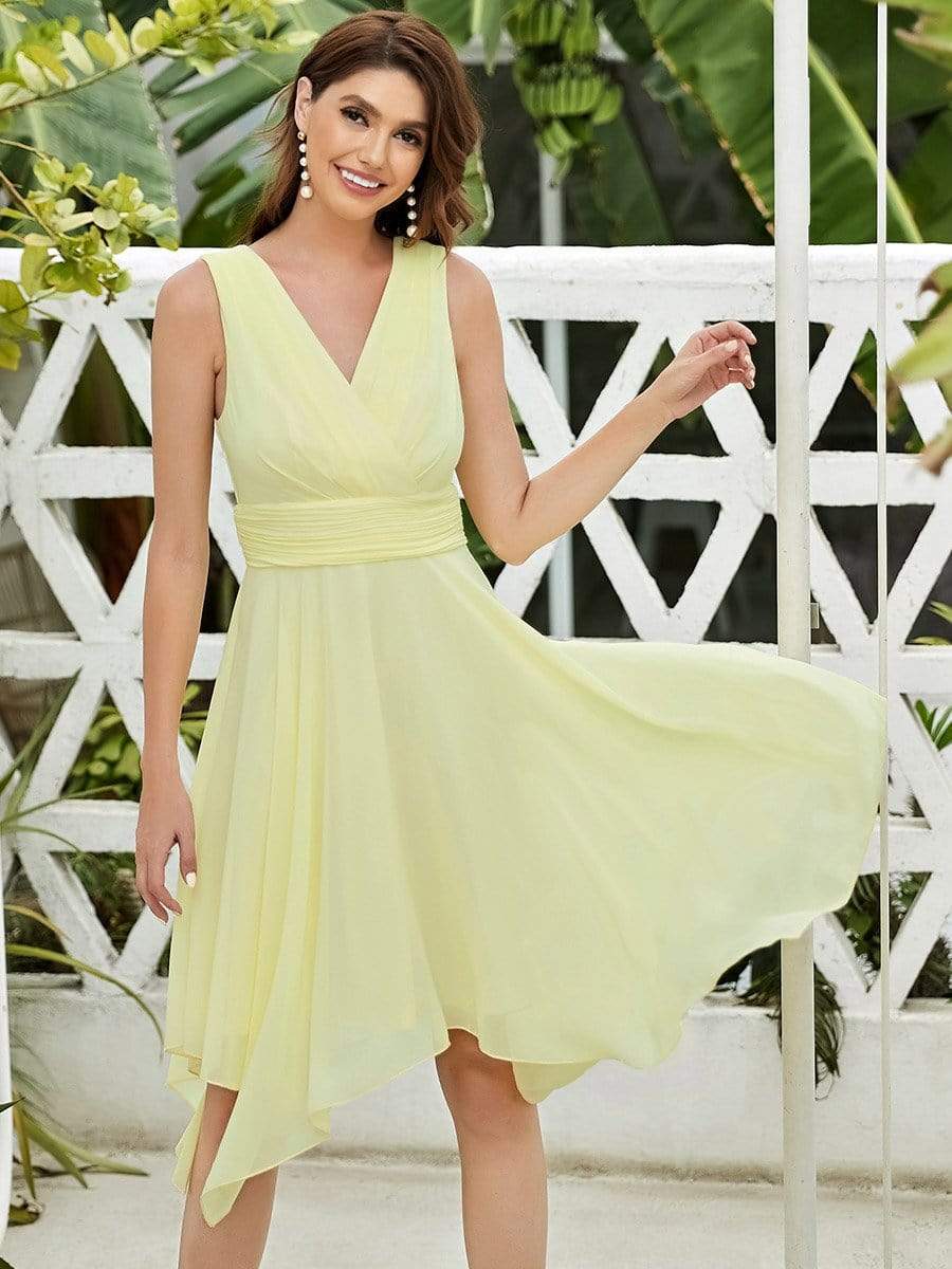 Color=Yellow | Knee Length Chiffon Bridesmaid Dress With Irregular Hem-Yellow 4 Color=Yellow | Knee Length Chiffon Bridesmaid Dress With Irregular Hem-Yellow 4