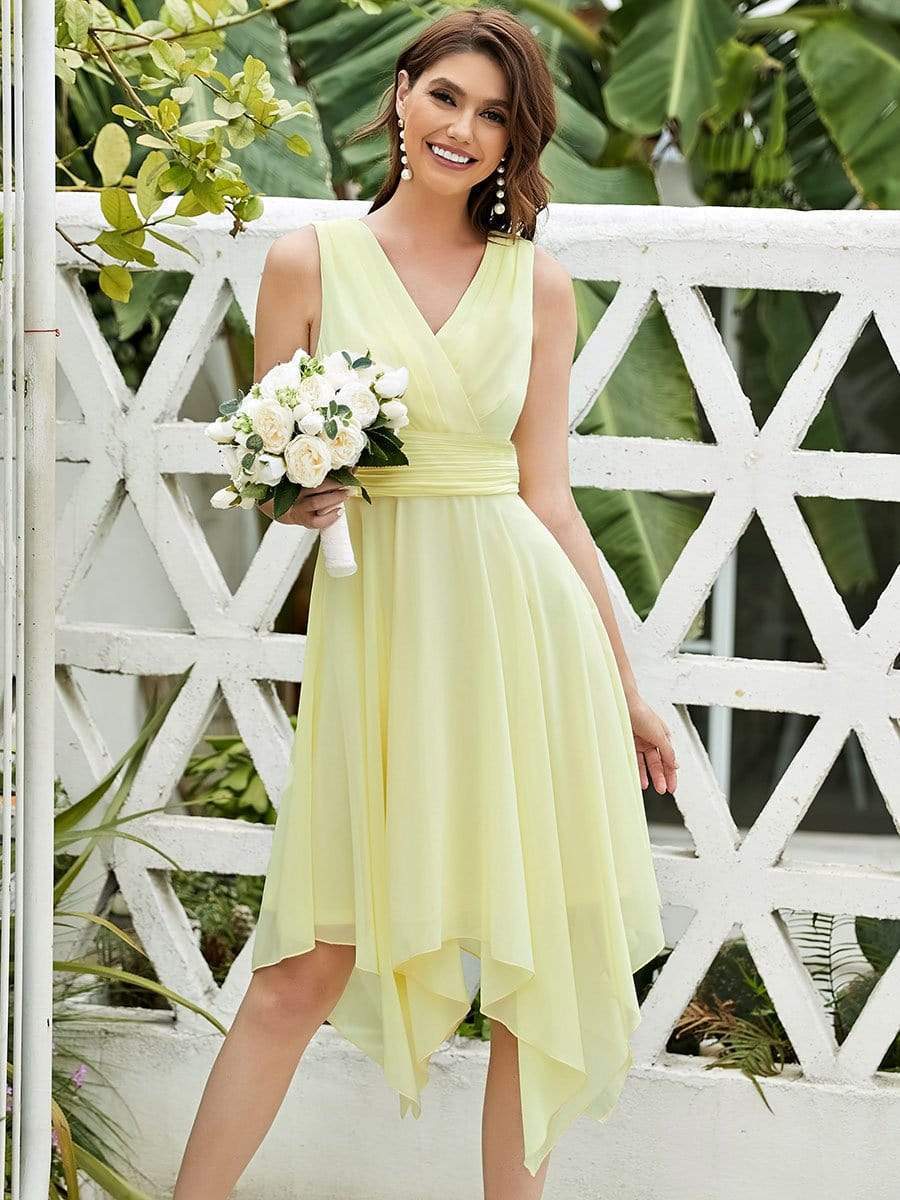 Color=Yellow | Knee Length Chiffon Bridesmaid Dress With Irregular Hem-Yellow 1 Color=Yellow | Knee Length Chiffon Bridesmaid Dress With Irregular Hem-Yellow 1