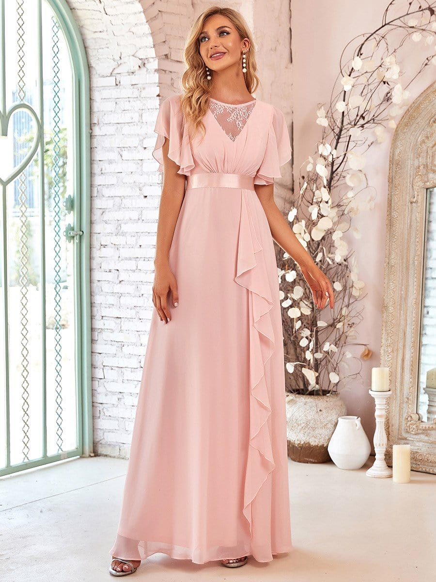 Color=Pink | V-Neck Lotus Leaf Circular Cape Floral Illusion Lotus Long Bridesmaid Dress-Pink 4 Color=Pink | V-Neck Lotus Leaf Circular Cape Floral Illusion Lotus Long Bridesmaid Dress-Pink 4