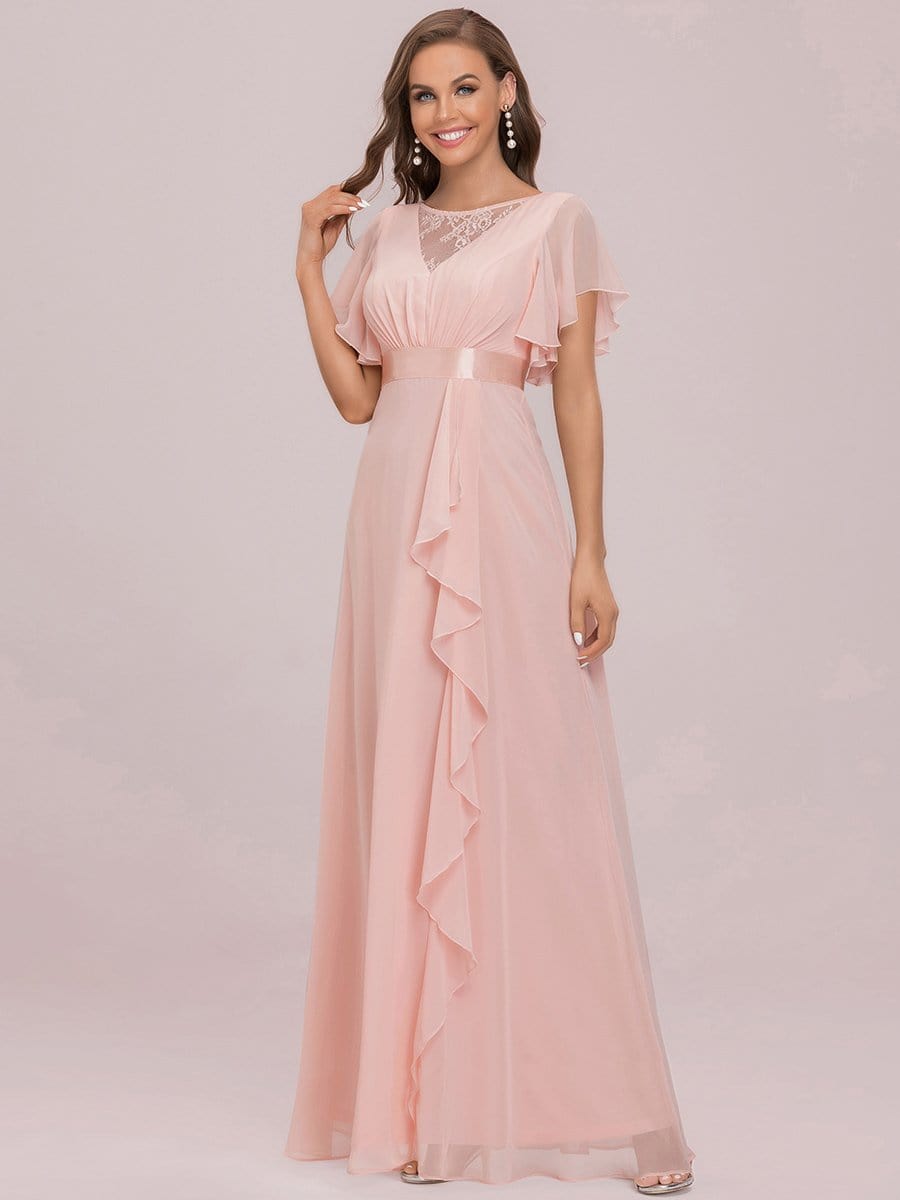 Color=Pink | V-Neck Lotus Leaf Circular Cape Floral Illusion Lotus Long Bridesmaid Dress-Pink 6 Color=Pink | V-Neck Lotus Leaf Circular Cape Floral Illusion Lotus Long Bridesmaid Dress-Pink 6