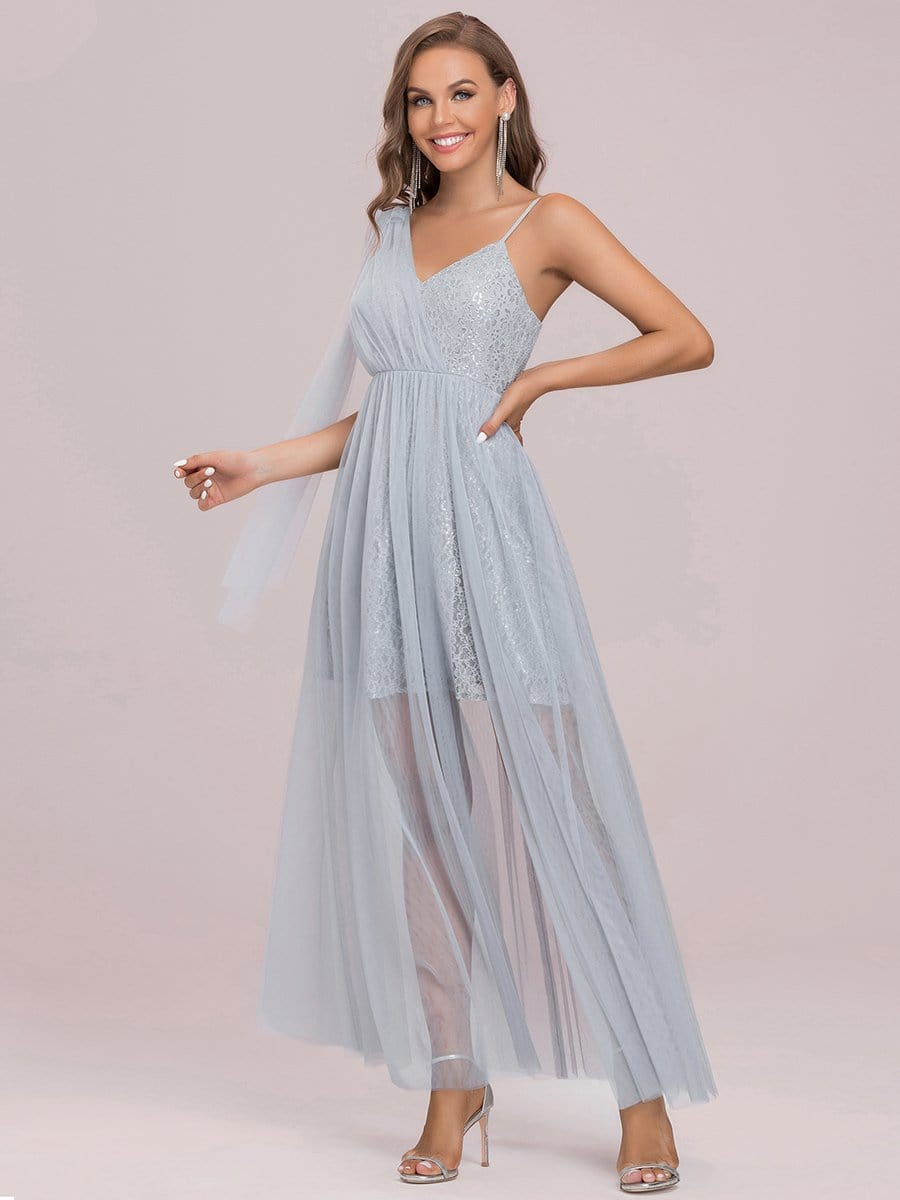Color=Grey | Elegant Hollow Out Sleeveless V Neck Split Floor-Length Bridesmaid Dress-Grey 5 Color=Grey | Elegant Hollow Out Sleeveless V Neck Split Floor-Length Bridesmaid Dress-Grey 5