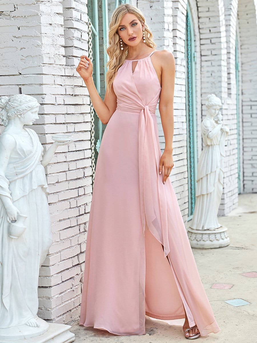 Color=Pink | Elegant Belly Collar Halter Keyhole Small Pleated Bodice Front Slit Bridesmaid Dress-Pink 1