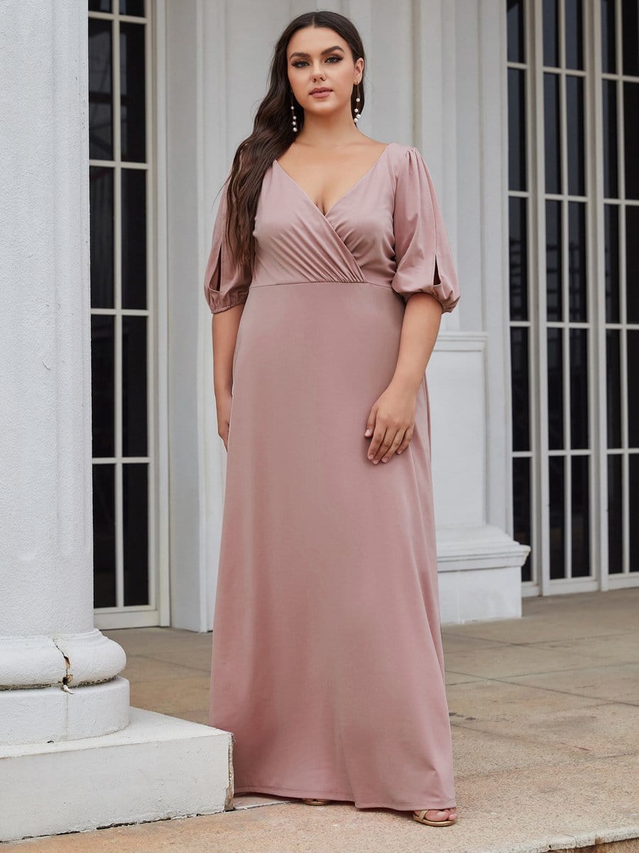 Color=Purple Orchid | V Neck Half Sleeves Long Plus Size Bridesmaid Dress-Purple Orchid 1 Color=Purple Orchid | V Neck Half Sleeves Long Plus Size Bridesmaid Dress-Purple Orchid 1