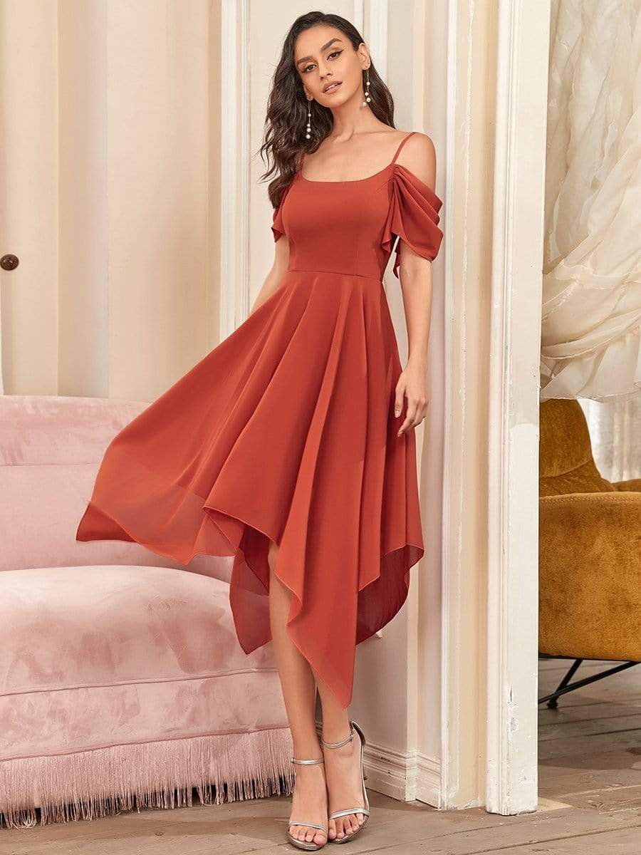 Color=Burnt Orange | Elegant Cold Shoulder Ruffle Sleeve Irregular Hem Bridesmaid Dress-Burnt Orange 2 Color=Burnt Orange | Elegant Cold Shoulder Ruffle Sleeve Irregular Hem Bridesmaid Dress-Burnt Orange 2