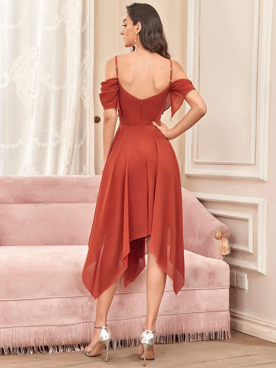 Color=Burnt Orange | Elegant Cold Shoulder Ruffle Sleeve Irregular Hem Bridesmaid Dress-Burnt Orange 4