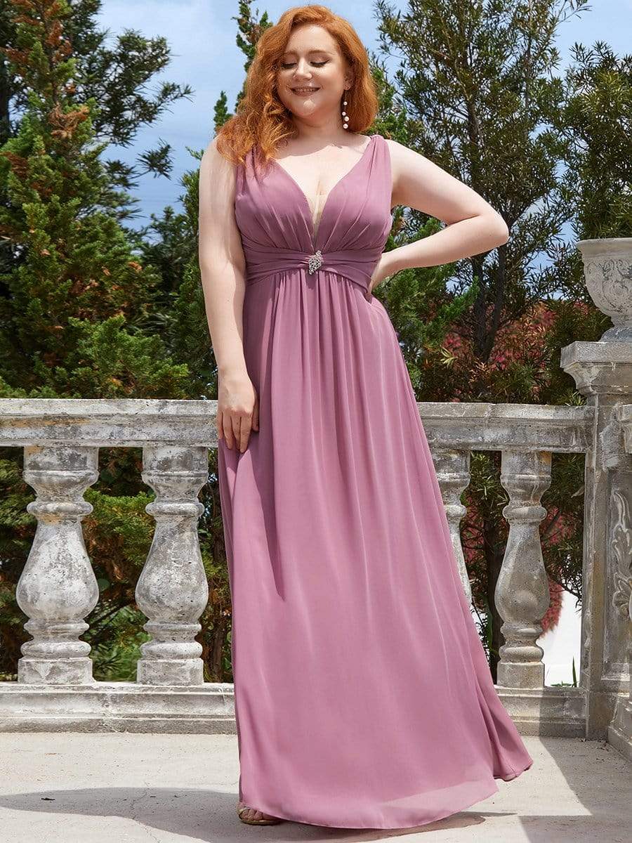 Color=Purple Orchid | Plus Size Sleeveless Deep V Mid-Rib Pleated Long Bridesmaid Dress-Purple Orchid 1 Color=Purple Orchid | Plus Size Sleeveless Deep V Mid-Rib Pleated Long Bridesmaid Dress-Purple Orchid 1
