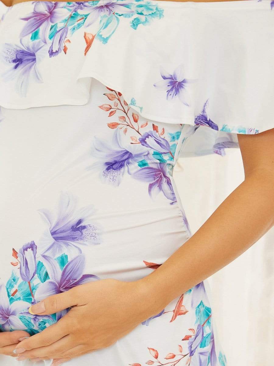 Color=Cream | Cold Shoulder Ruffles Sleeve Pencil Cut Mini Maternity Dress-Cream 4 Color=Cream | Cold Shoulder Ruffles Sleeve Pencil Cut Mini Maternity Dress-Cream 4