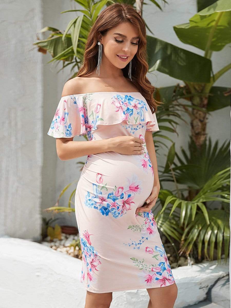 Color=Pink | Cold Shoulder Ruffles Sleeve Pencil Cut Mini Maternity Dress-Pink 1 Color=Pink | Cold Shoulder Ruffles Sleeve Pencil Cut Mini Maternity Dress-Pink 1