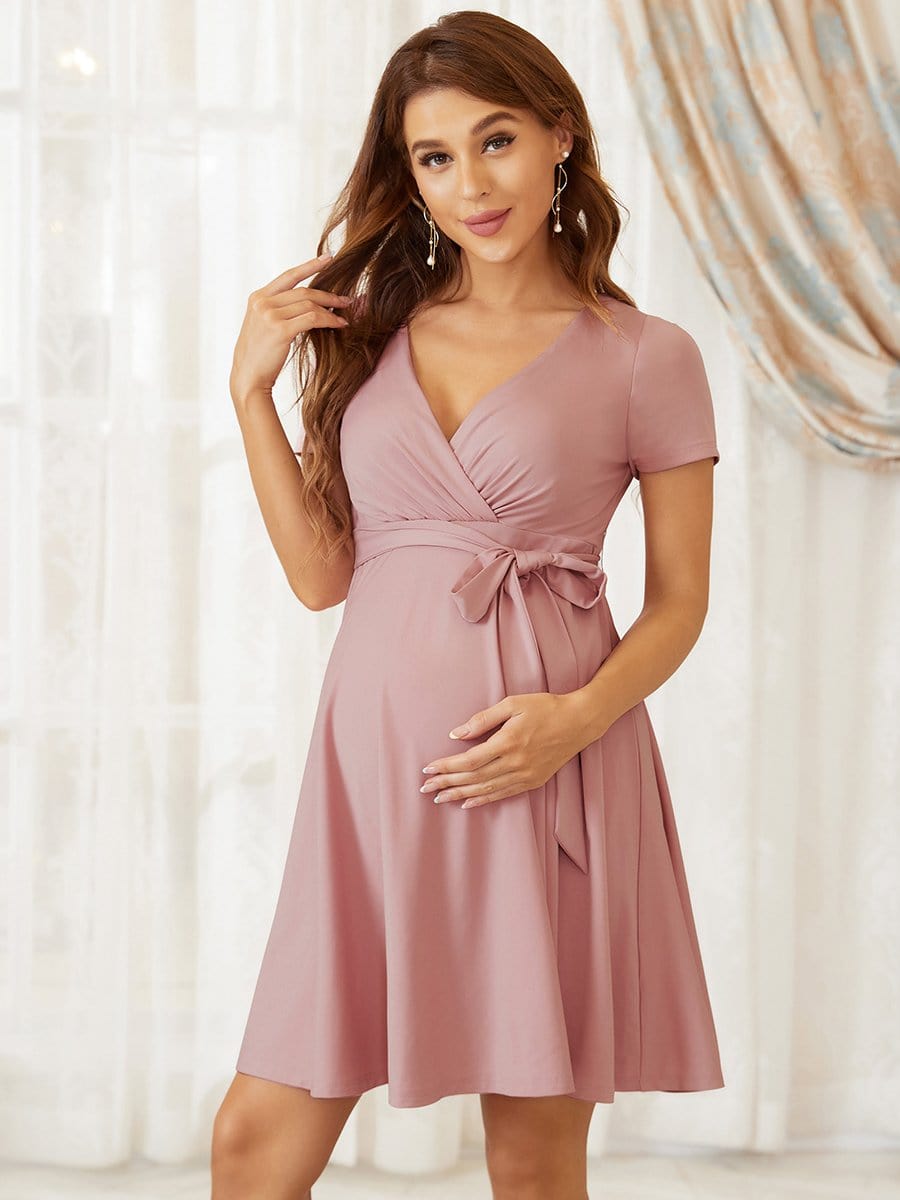 Color=Purple Orchid | Short Sleeves Deep V Neck Full Circle Skirt Short Maternity Dress-Purple Orchid 1 Color=Purple Orchid | Short Sleeves Deep V Neck Full Circle Skirt Short Maternity Dress-Purple Orchid 1