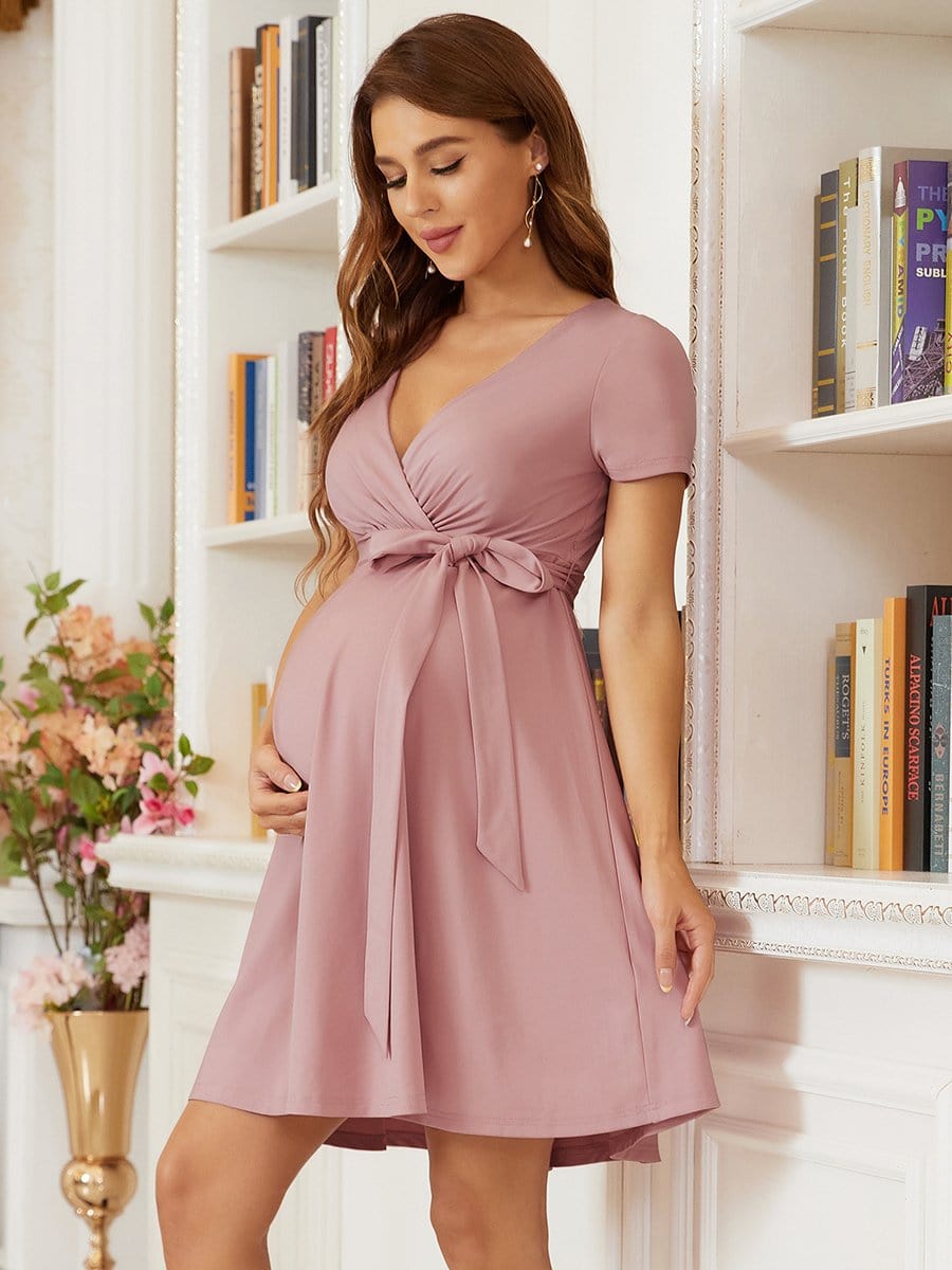 Color=Purple Orchid | Short Sleeves Deep V Neck Full Circle Skirt Short Maternity Dress-Purple Orchid 5 Color=Purple Orchid | Short Sleeves Deep V Neck Full Circle Skirt Short Maternity Dress-Purple Orchid 5