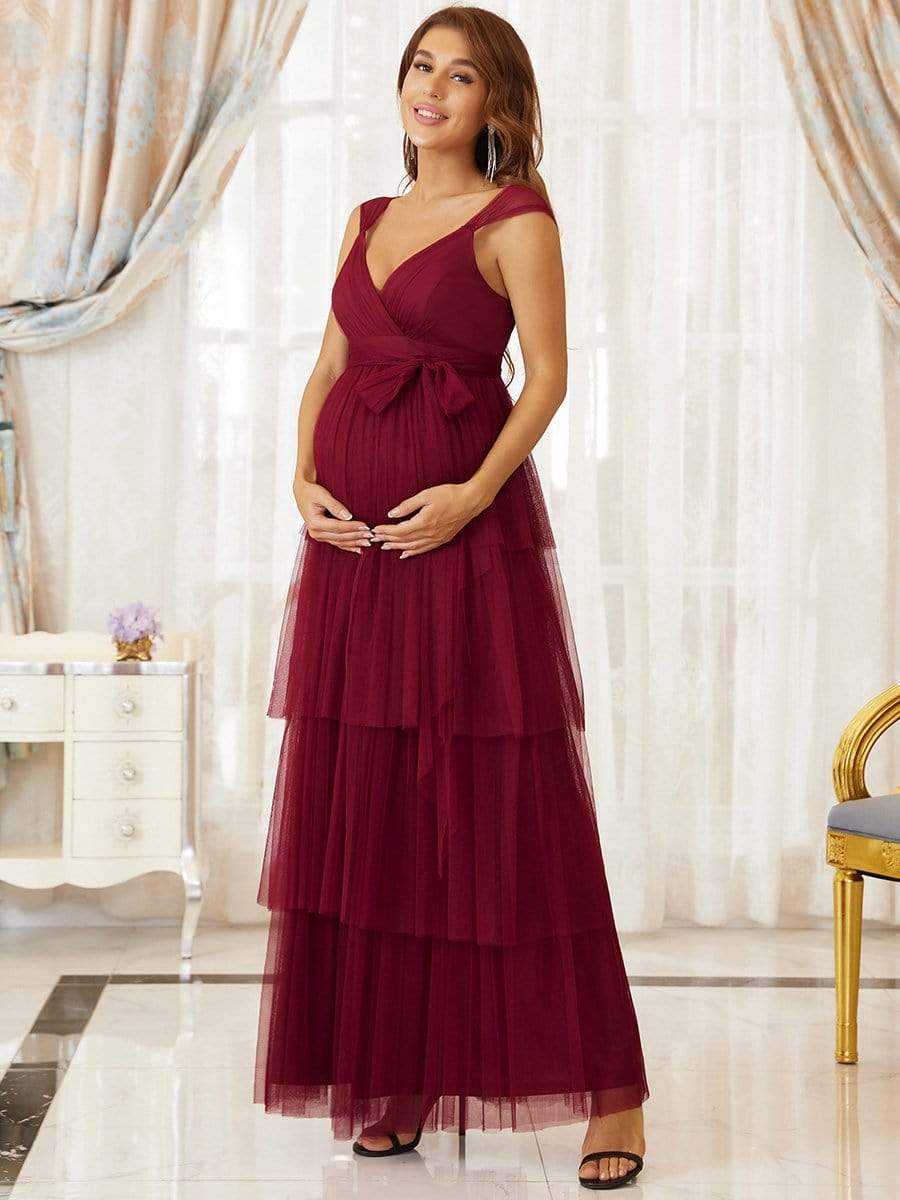 Color=Burgundy | Deep V Sleeveless Empire Waist Mid-Rib Layered Tulle Long Maternity Dress-Burgundy 1 Color=Burgundy | Deep V Sleeveless Empire Waist Mid-Rib Layered Tulle Long Maternity Dress-Burgundy 1