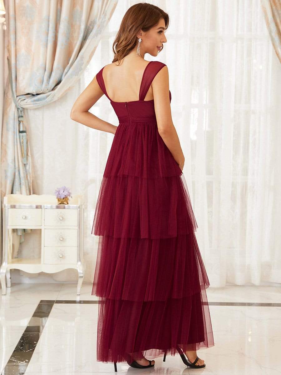 Color=Burgundy | Deep V Sleeveless Empire Waist Mid-Rib Layered Tulle Long Maternity Dress-Burgundy 2 Color=Burgundy | Deep V Sleeveless Empire Waist Mid-Rib Layered Tulle Long Maternity Dress-Burgundy 2