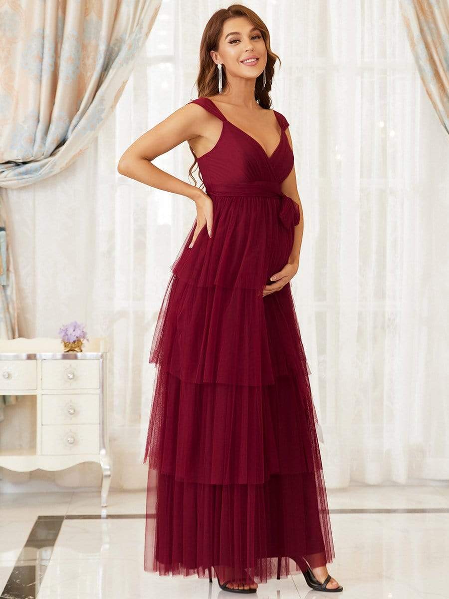 Color=Burgundy | Deep V Sleeveless Empire Waist Mid-Rib Layered Tulle Long Maternity Dress-Burgundy 5 Color=Burgundy | Deep V Sleeveless Empire Waist Mid-Rib Layered Tulle Long Maternity Dress-Burgundy 5