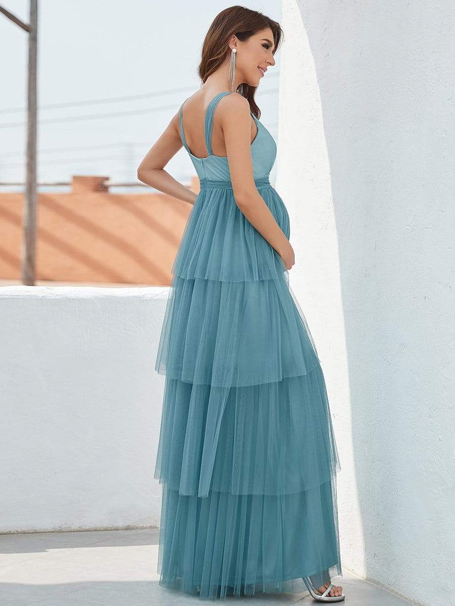 Color=Dusty blue | Deep V Sleeveless Empire Waist Mid-Rib Layered Tulle Long Maternity Dress-Dusty Blue 2 Color=Dusty blue | Deep V Sleeveless Empire Waist Mid-Rib Layered Tulle Long Maternity Dress-Dusty Blue 2