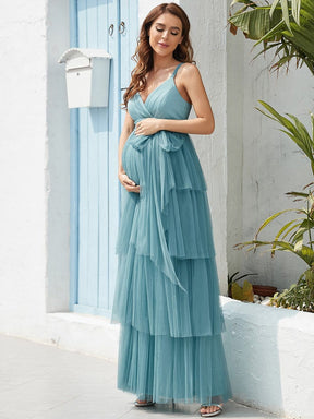 Color=Dusty blue | Deep V Sleeveless Empire Waist Mid-Rib Layered Tulle Long Maternity Dress-Dusty Blue 4