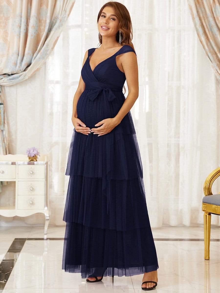 Color=Navy Blue | Deep V Sleeveless Empire Waist Mid-Rib Layered Tulle Long Maternity Dress-Navy Blue 1 Color=Navy Blue | Deep V Sleeveless Empire Waist Mid-Rib Layered Tulle Long Maternity Dress-Navy Blue 1