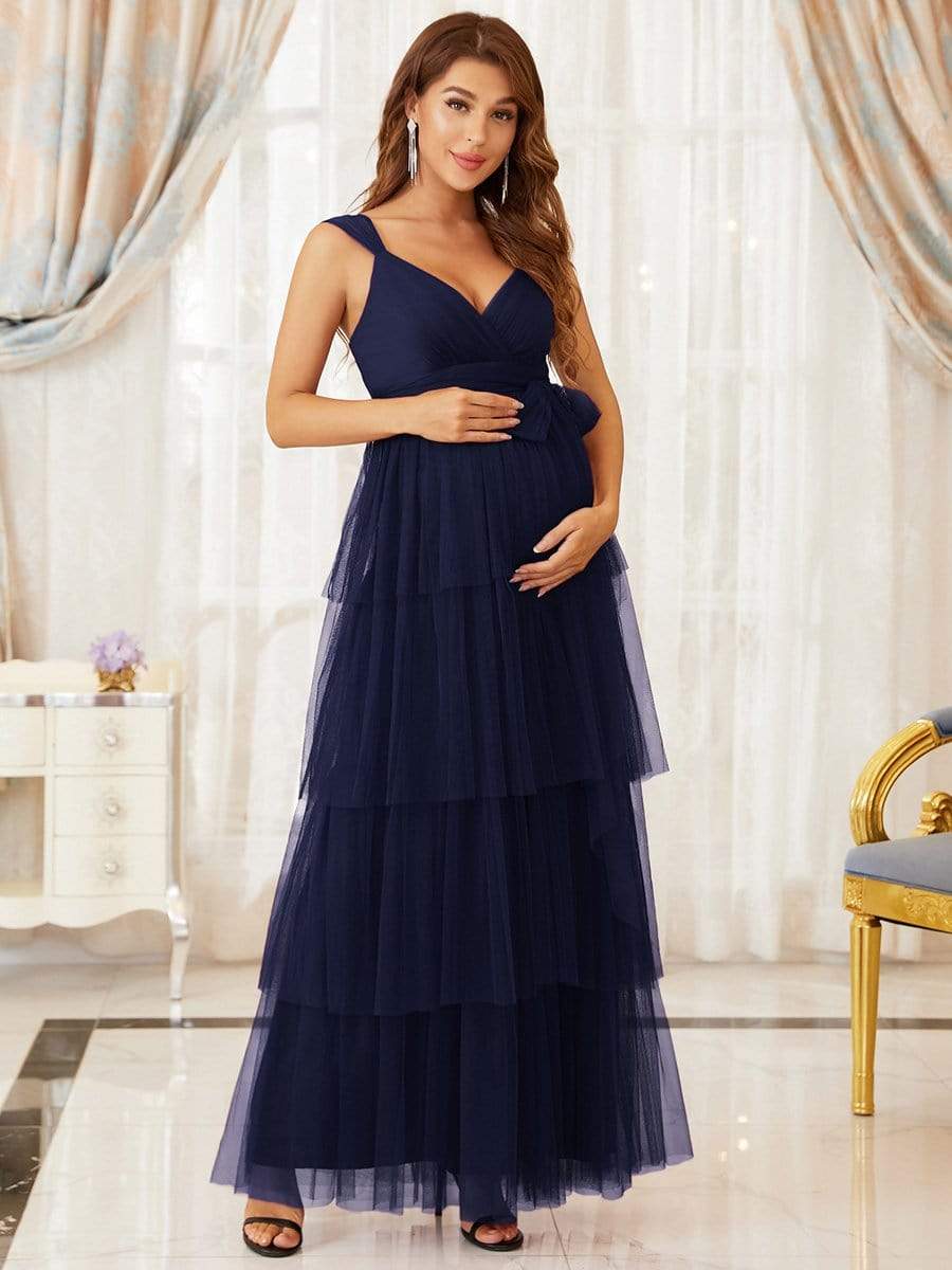 Color=Navy Blue | Deep V Sleeveless Empire Waist Mid-Rib Layered Tulle Long Maternity Dress-Navy Blue 3 Color=Navy Blue | Deep V Sleeveless Empire Waist Mid-Rib Layered Tulle Long Maternity Dress-Navy Blue 3