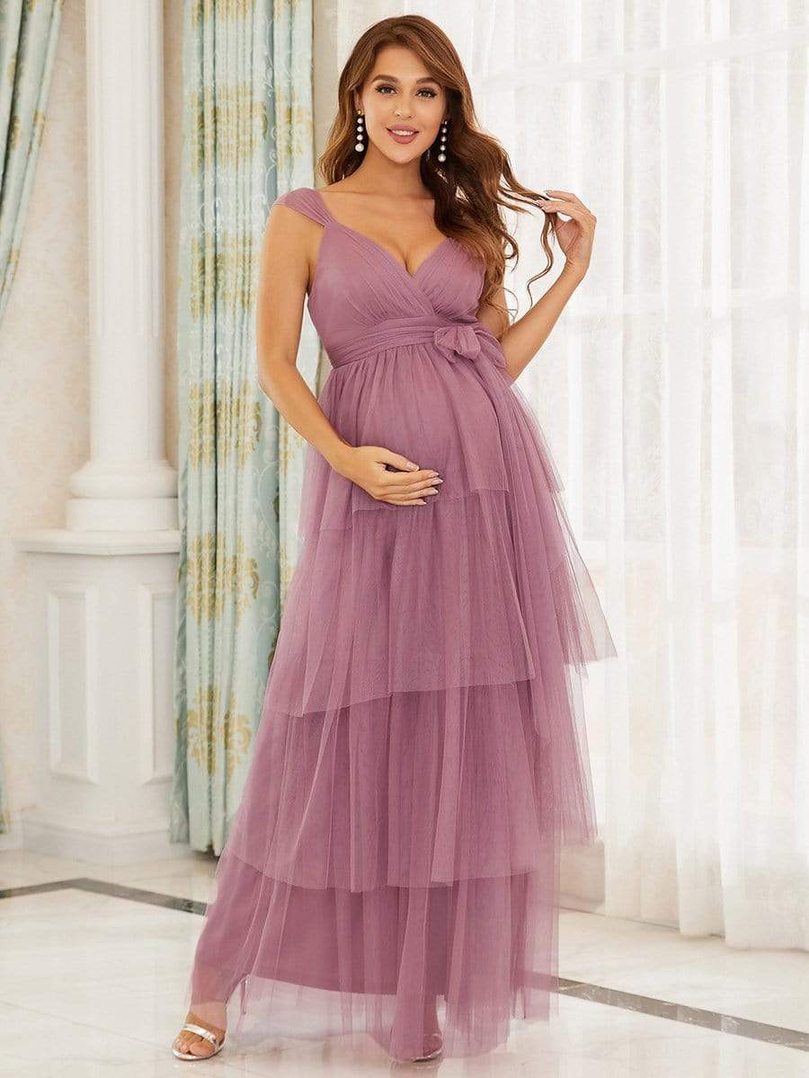 Color=Purple Orchid | Deep V Sleeveless Empire Waist Mid-Rib Layered Tulle Long Maternity Dress-Purple Orchid 1 Color=Purple Orchid | Deep V Sleeveless Empire Waist Mid-Rib Layered Tulle Long Maternity Dress-Purple Orchid 1