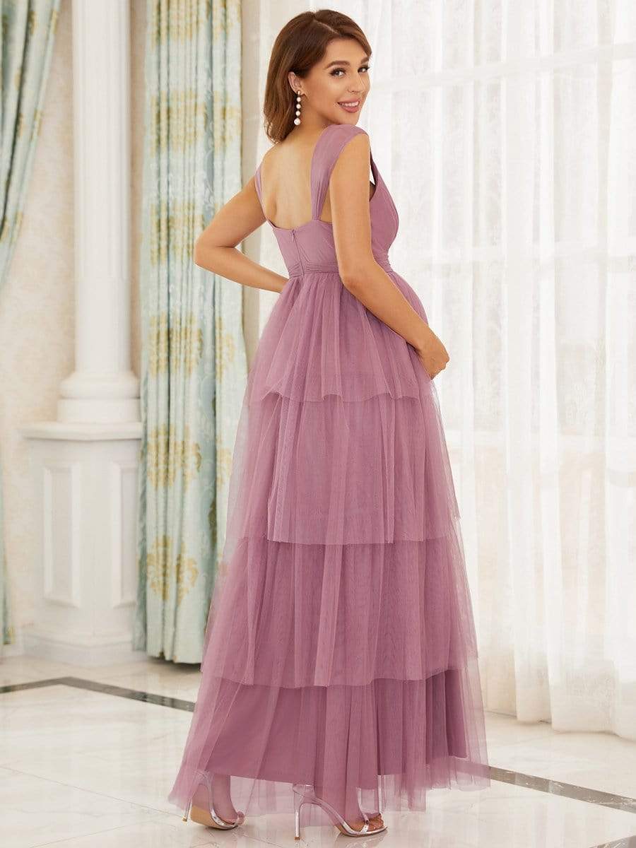 Color=Purple Orchid | Deep V Sleeveless Empire Waist Mid-Rib Layered Tulle Long Maternity Dress-Purple Orchid 2 Color=Purple Orchid | Deep V Sleeveless Empire Waist Mid-Rib Layered Tulle Long Maternity Dress-Purple Orchid 2