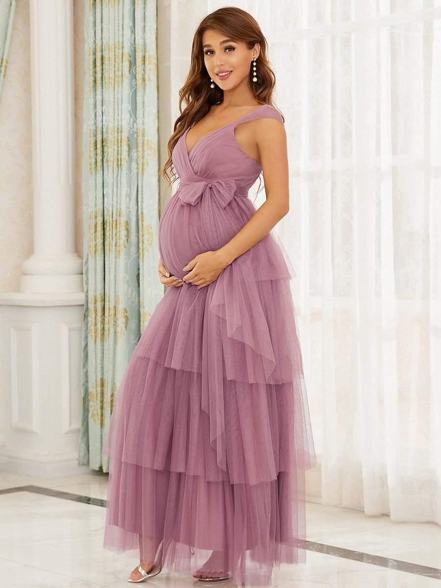 Color=Purple Orchid | Deep V Sleeveless Empire Waist Mid-Rib Layered Tulle Long Maternity Dress-Purple Orchid 5 Color=Purple Orchid | Deep V Sleeveless Empire Waist Mid-Rib Layered Tulle Long Maternity Dress-Purple Orchid 5