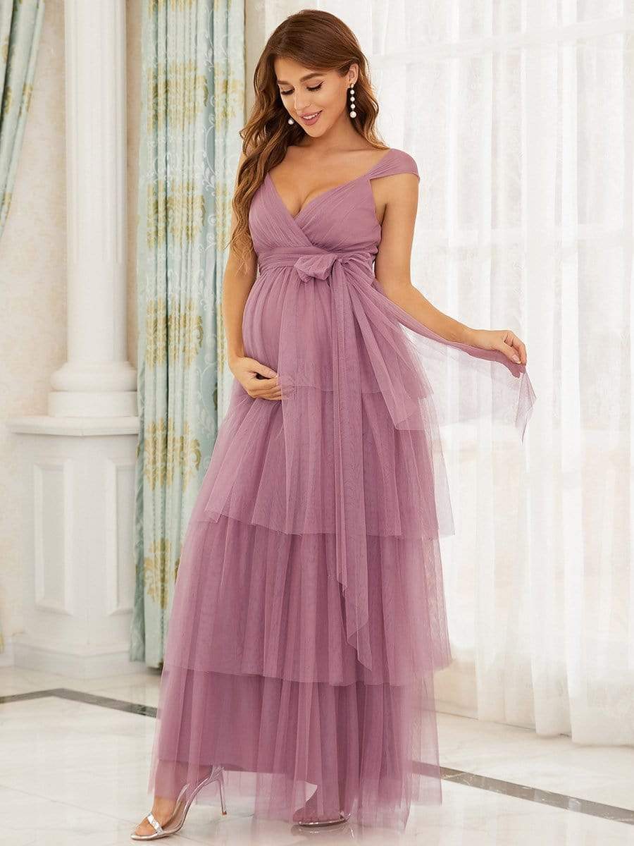 Color=Purple Orchid | Deep V Sleeveless Empire Waist Mid-Rib Layered Tulle Long Maternity Dress-Purple Orchid 3 Color=Purple Orchid | Deep V Sleeveless Empire Waist Mid-Rib Layered Tulle Long Maternity Dress-Purple Orchid 3
