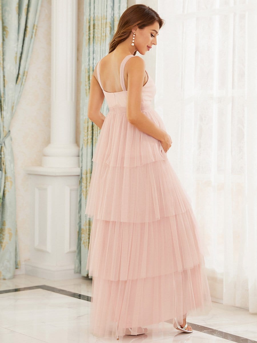 Color=Pink | Deep V Sleeveless Empire Waist Mid-Rib Layered Tulle Long Maternity Dress-Pink 2 Color=Pink | Deep V Sleeveless Empire Waist Mid-Rib Layered Tulle Long Maternity Dress-Pink 2