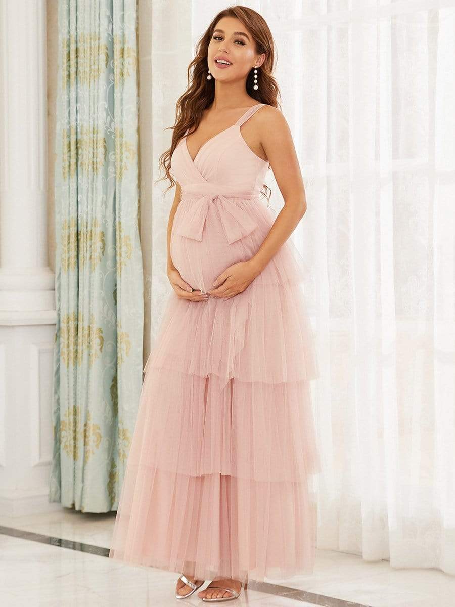 Color=Pink | Deep V Sleeveless Empire Waist Mid-Rib Layered Tulle Long Maternity Dress-Pink 5 Color=Pink | Deep V Sleeveless Empire Waist Mid-Rib Layered Tulle Long Maternity Dress-Pink 5