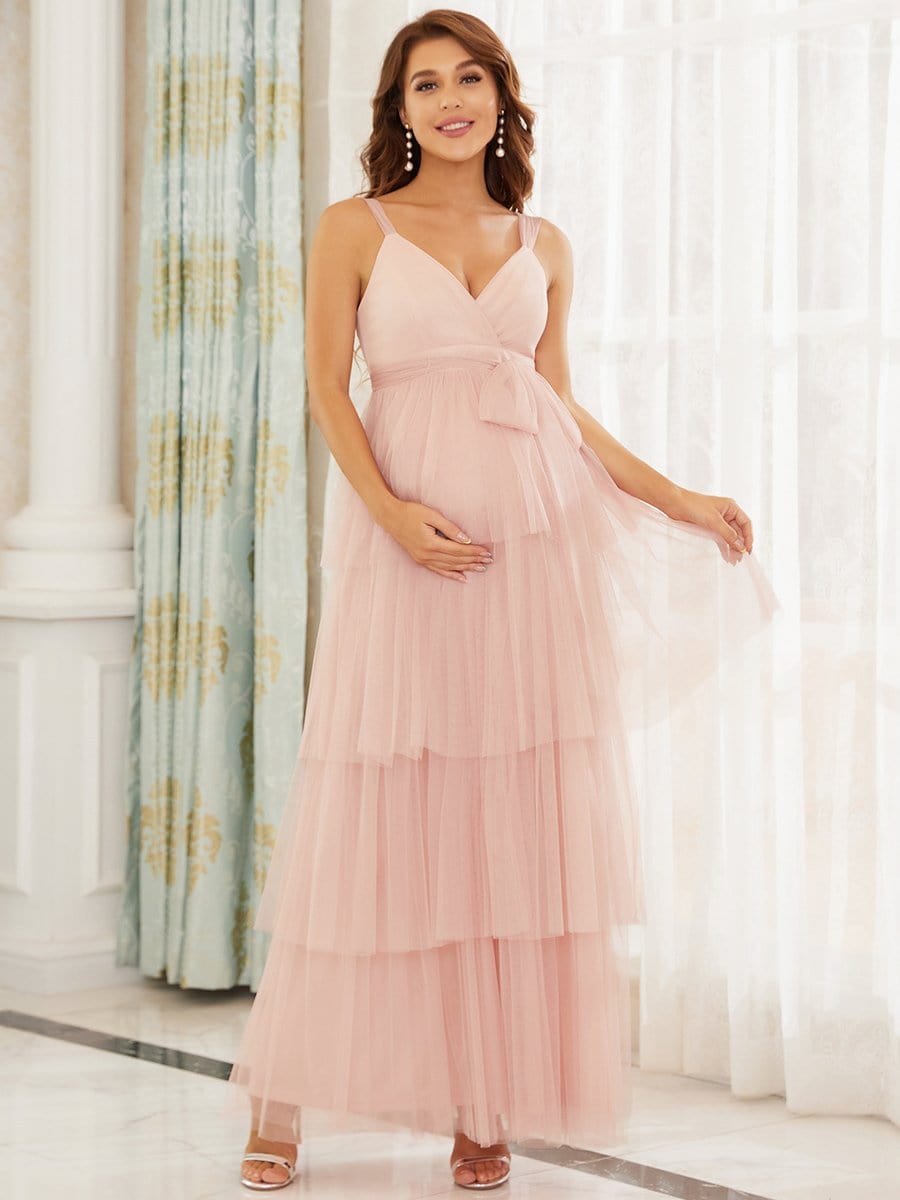 Color=Pink | Deep V Sleeveless Empire Waist Mid-Rib Layered Tulle Long Maternity Dress-Pink 3 Color=Pink | Deep V Sleeveless Empire Waist Mid-Rib Layered Tulle Long Maternity Dress-Pink 3
