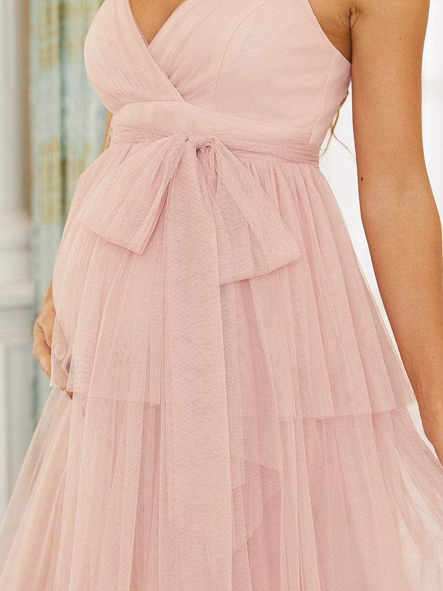 Color=Pink | Deep V Sleeveless Empire Waist Mid-Rib Layered Tulle Long Maternity Dress-Pink 4 Color=Pink | Deep V Sleeveless Empire Waist Mid-Rib Layered Tulle Long Maternity Dress-Pink 4