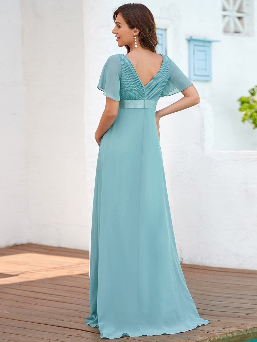 Color=Dusty blue | V Neck Ruffle Sleeves Pleated Bodice Floor Length Maternity Dress-Dusty Blue 2 Color=Dusty blue | V Neck Ruffle Sleeves Pleated Bodice Floor Length Maternity Dress-Dusty Blue 2