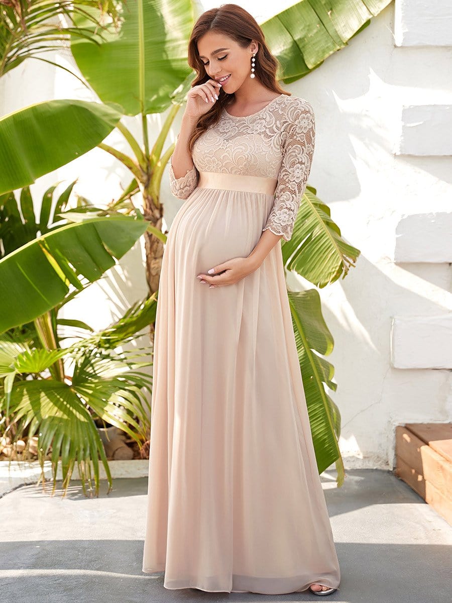 Color=Blush | Half Sleeves Round Neck V Back Embroidered Maternity Formal Dress-Blush 1 Color=Blush | Half Sleeves Round Neck V Back Embroidered Maternity Formal Dress-Blush 1