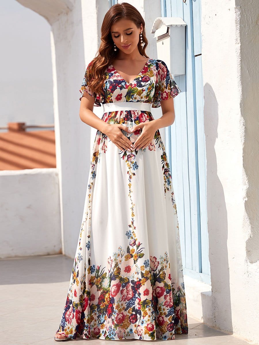 Color=Camouflage Purple | A-Line Double V Chiffon Butterfly Sleeves Long Floral Maternity Dress-Camouflage Purple 5 Color=Camouflage Purple | A-Line Double V Chiffon Butterfly Sleeves Long Floral Maternity Dress-Camouflage Purple 5