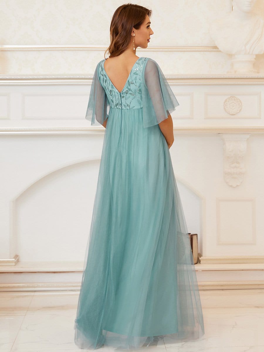 Color=Dusty blue | Elegant V Neck Embroidery Long Maternity Dress-Dusty Blue 2 Color=Dusty blue | Elegant V Neck Embroidery Long Maternity Dress-Dusty Blue 2