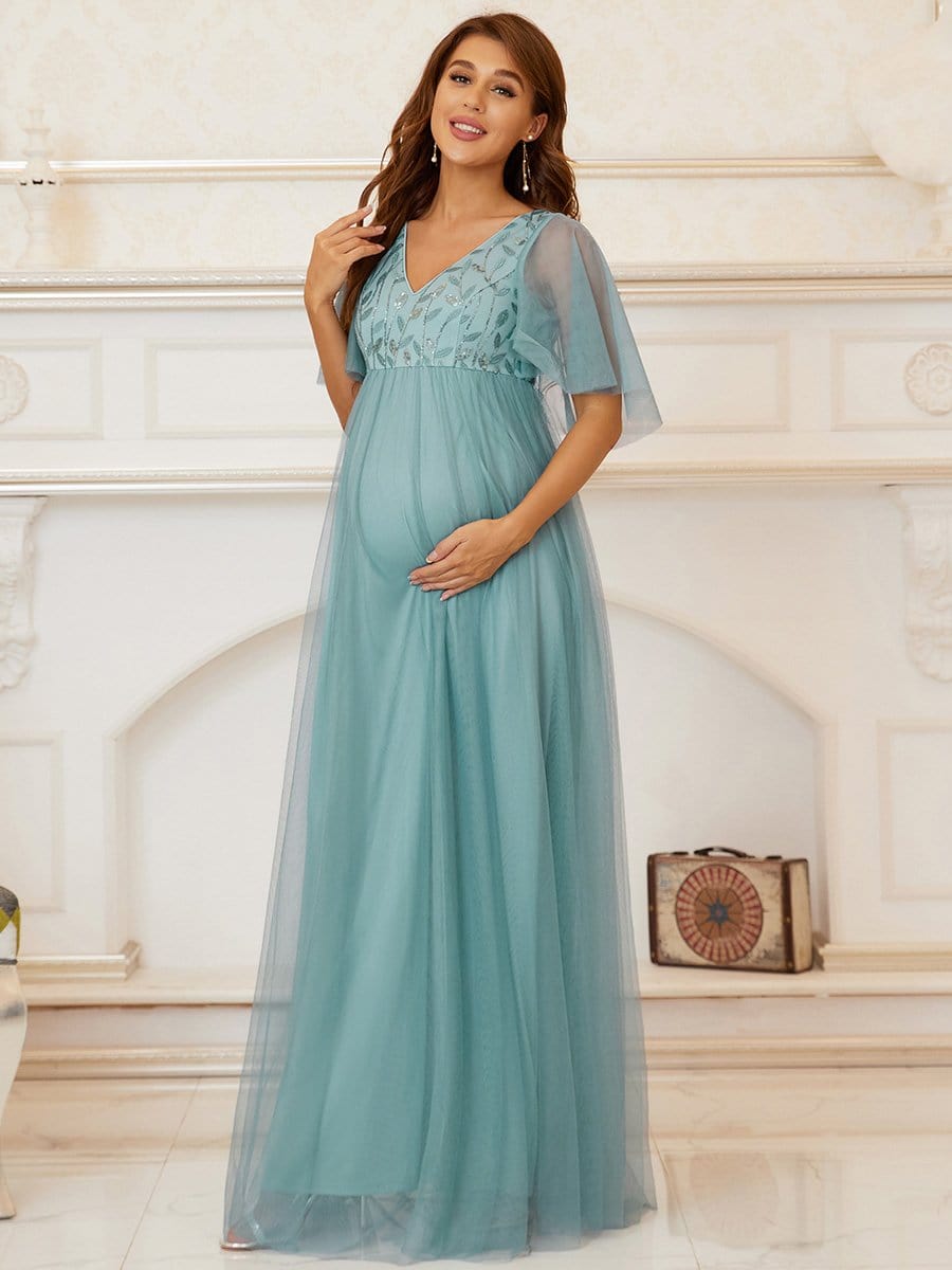 Color=Dusty blue | Elegant V Neck Embroidery Long Maternity Dress-Dusty Blue 5 Color=Dusty blue | Elegant V Neck Embroidery Long Maternity Dress-Dusty Blue 5