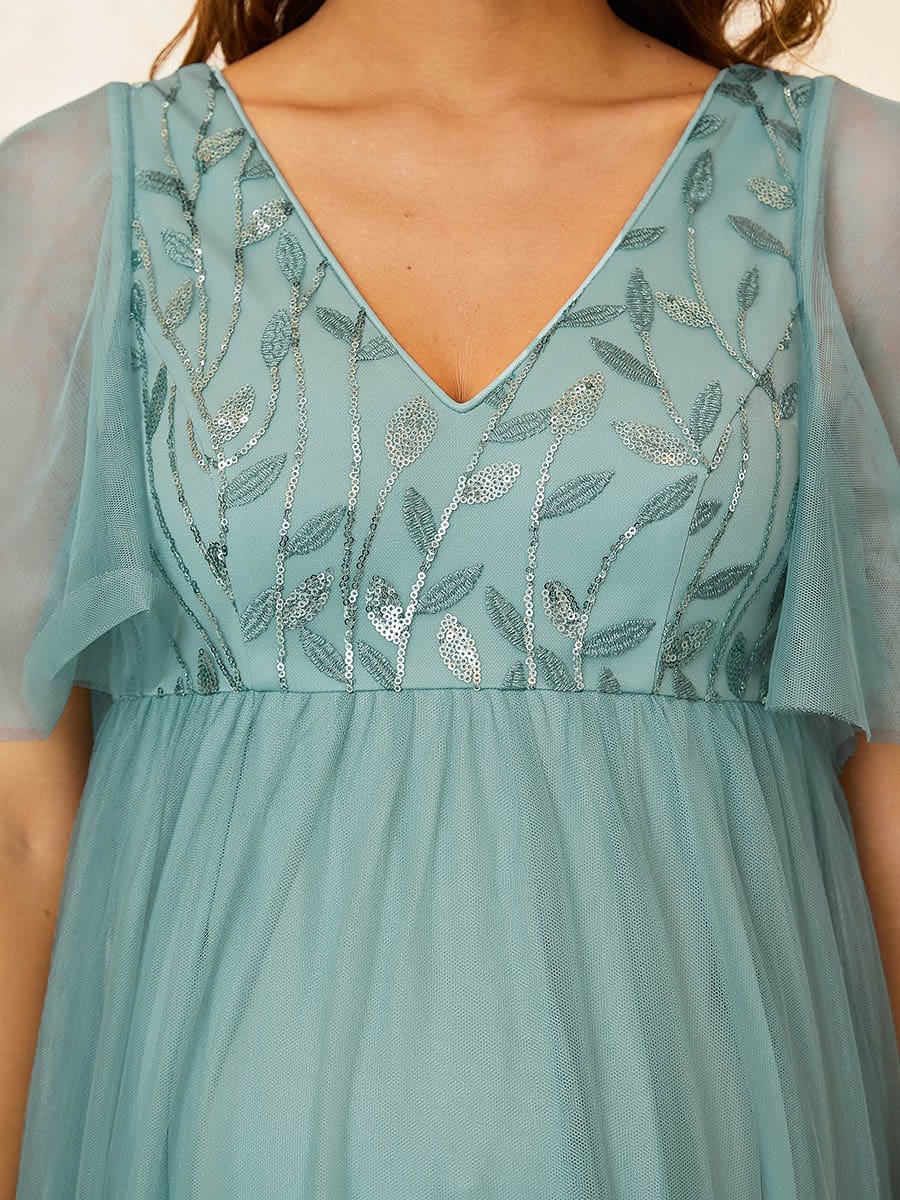 Color=Dusty blue | Elegant V Neck Embroidery Long Maternity Dress-Dusty Blue 4 Color=Dusty blue | Elegant V Neck Embroidery Long Maternity Dress-Dusty Blue 4