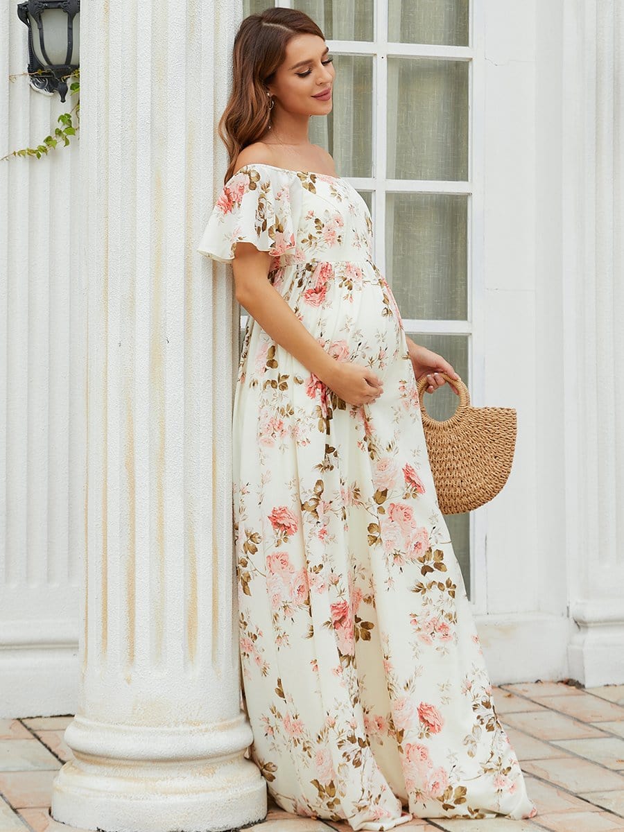 Color=Yellow | Elegant Lotus Leaf Floral Sprint Maxi Maternity Dress-Yellow 3 Color=Yellow | Elegant Lotus Leaf Floral Sprint Maxi Maternity Dress-Yellow 3