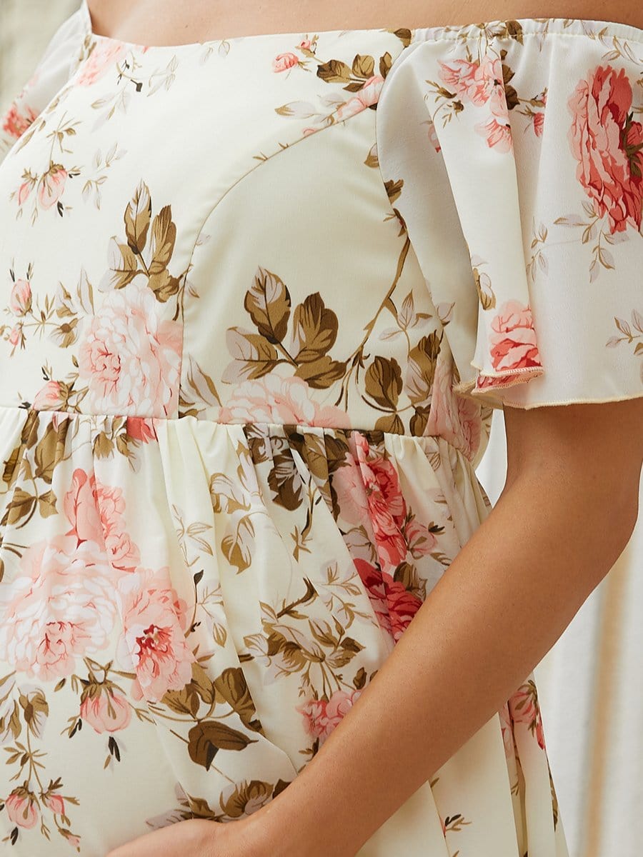 Color=Yellow | Elegant Lotus Leaf Floral Sprint Maxi Maternity Dress-Yellow 4 Color=Yellow | Elegant Lotus Leaf Floral Sprint Maxi Maternity Dress-Yellow 4