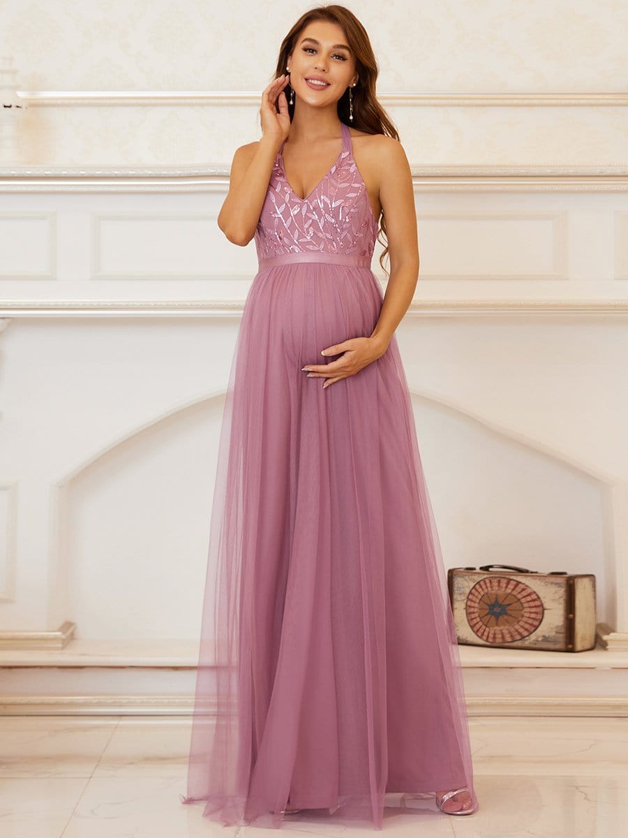 Color=Purple Orchid | Elegant Halter Neck Sequin Tulle Maternity Dress-Purple Orchid 1 Color=Purple Orchid | Elegant Halter Neck Sequin Tulle Maternity Dress-Purple Orchid 1