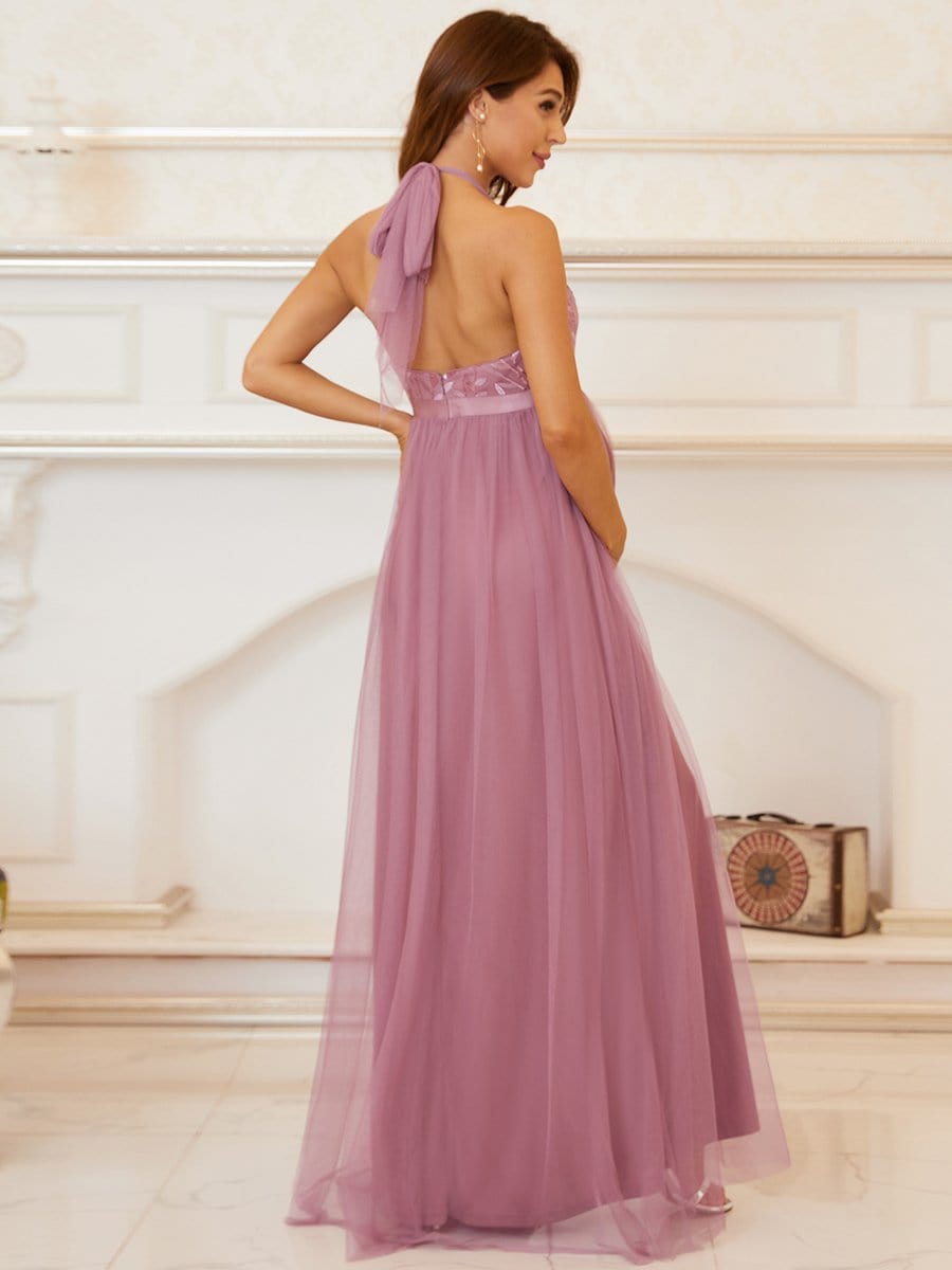 Color=Purple Orchid | Elegant Halter Neck Sequin Tulle Maternity Dress-Purple Orchid 2 Color=Purple Orchid | Elegant Halter Neck Sequin Tulle Maternity Dress-Purple Orchid 2