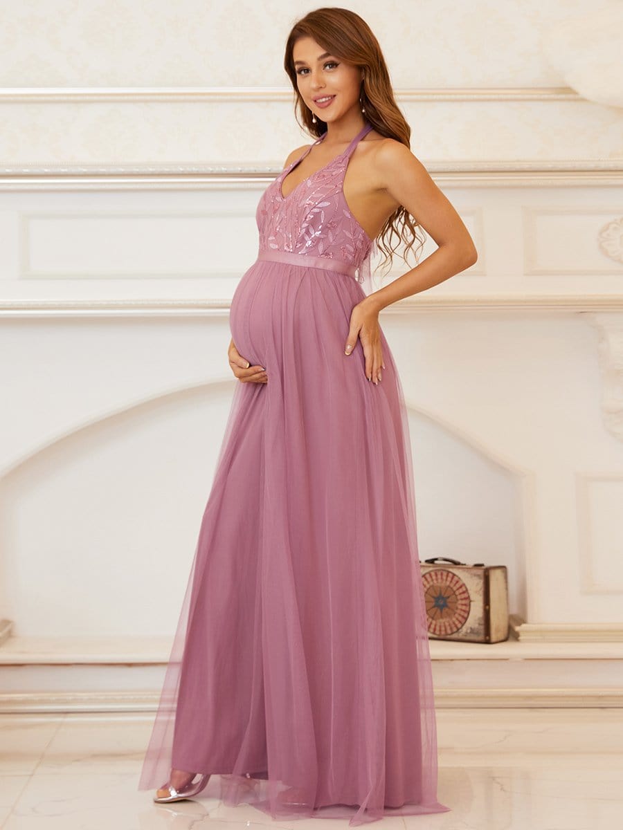 Color=Purple Orchid | Elegant Halter Neck Sequin Tulle Maternity Dress-Purple Orchid 5 Color=Purple Orchid | Elegant Halter Neck Sequin Tulle Maternity Dress-Purple Orchid 5