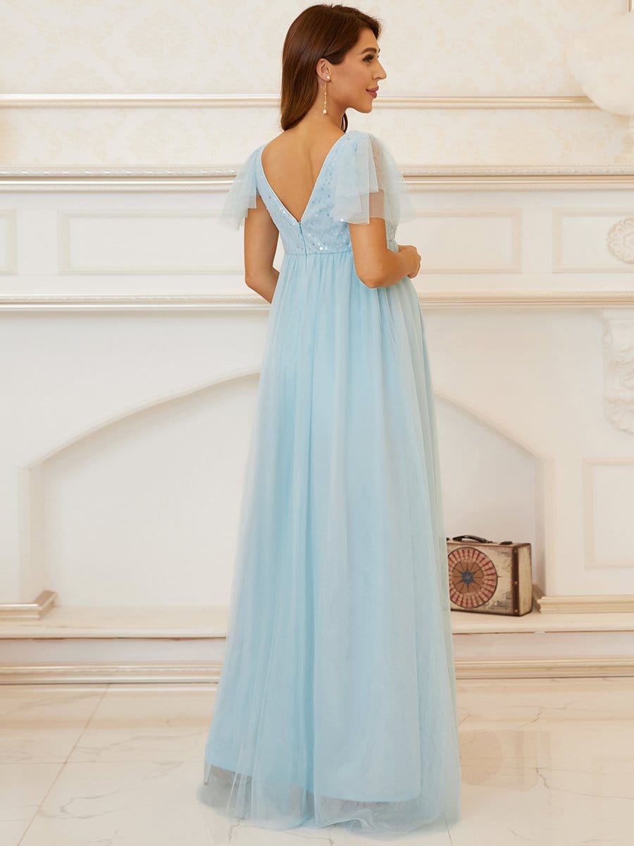 Color=Sky Blue | Empire Waist Tulle Sequin Maxi Maternity Dress-Sky Blue 2