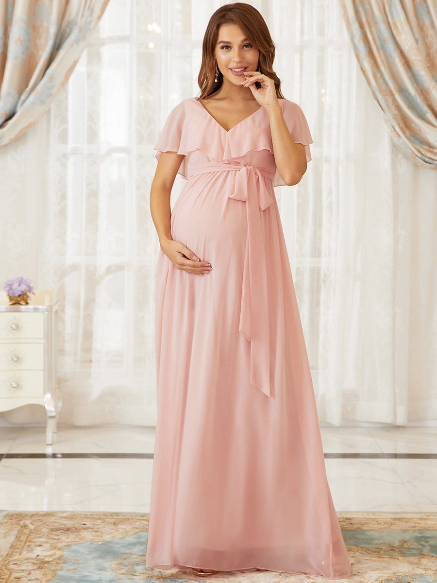Color=Pink | Chiffon Empire Waist Ruffle Maxi Maternity Dress-Pink 1 Color=Pink | Chiffon Empire Waist Ruffle Maxi Maternity Dress-Pink 1