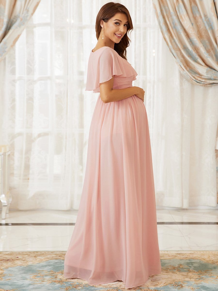 Color=Pink | Chiffon Empire Waist Ruffle Maxi Maternity Dress-Pink 2 Color=Pink | Chiffon Empire Waist Ruffle Maxi Maternity Dress-Pink 2