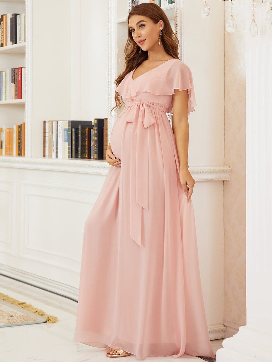 Color=Pink | Chiffon Empire Waist Ruffle Maxi Maternity Dress-Pink 5 Color=Pink | Chiffon Empire Waist Ruffle Maxi Maternity Dress-Pink 5
