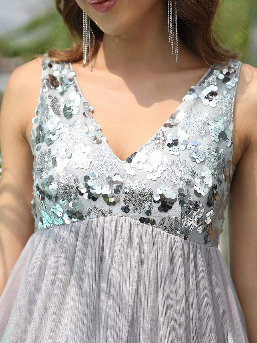 Color=Grey | Mid-Rib Deep V Sequin Bodice Long Maternity Evening Dress-Grey 3 Color=Grey | Mid-Rib Deep V Sequin Bodice Long Maternity Evening Dress-Grey 3