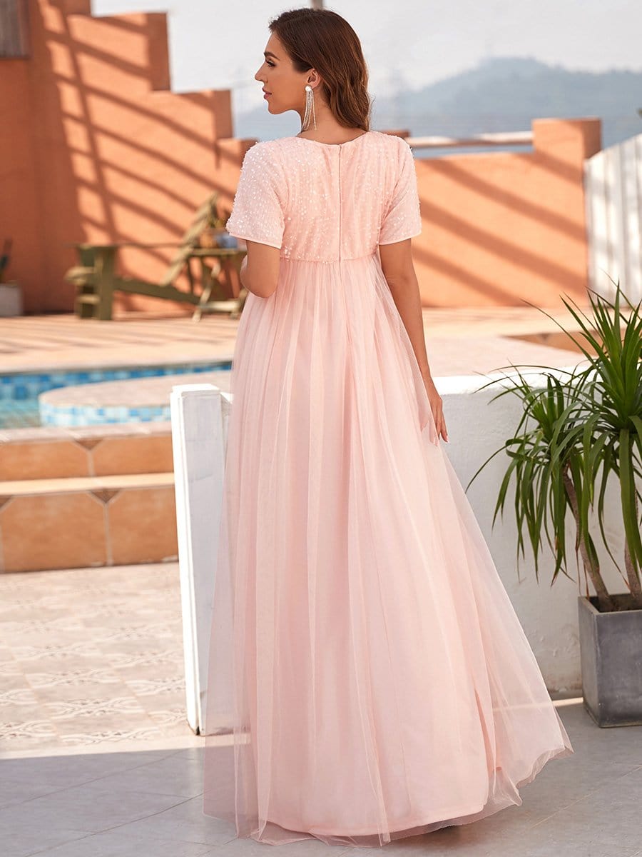 Color=Pink | Tulle V Neck Mid-Rib Short Sleeves Sequin Long Maternity Dress-Pink 2 Color=Pink | Tulle V Neck Mid-Rib Short Sleeves Sequin Long Maternity Dress-Pink 2