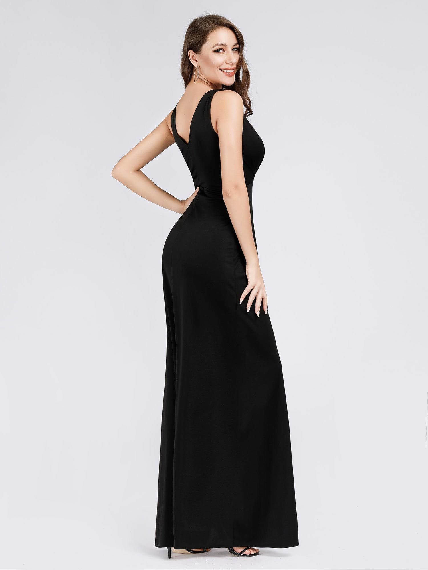 Color=Black | Women'S V-Neck Wrap Side Split Floor Length Evening Dress-Black 5 Color=Black | Women'S V-Neck Wrap Side Split Floor Length Evening Dress-Black 5