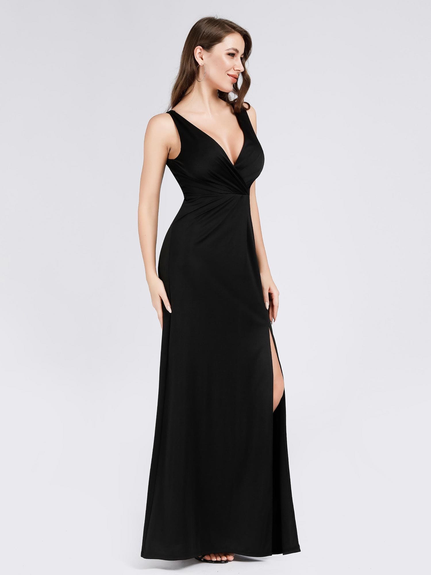 Color=Black | Women'S V-Neck Wrap Side Split Floor Length Evening Dress-Black 1 Color=Black | Women'S V-Neck Wrap Side Split Floor Length Evening Dress-Black 1