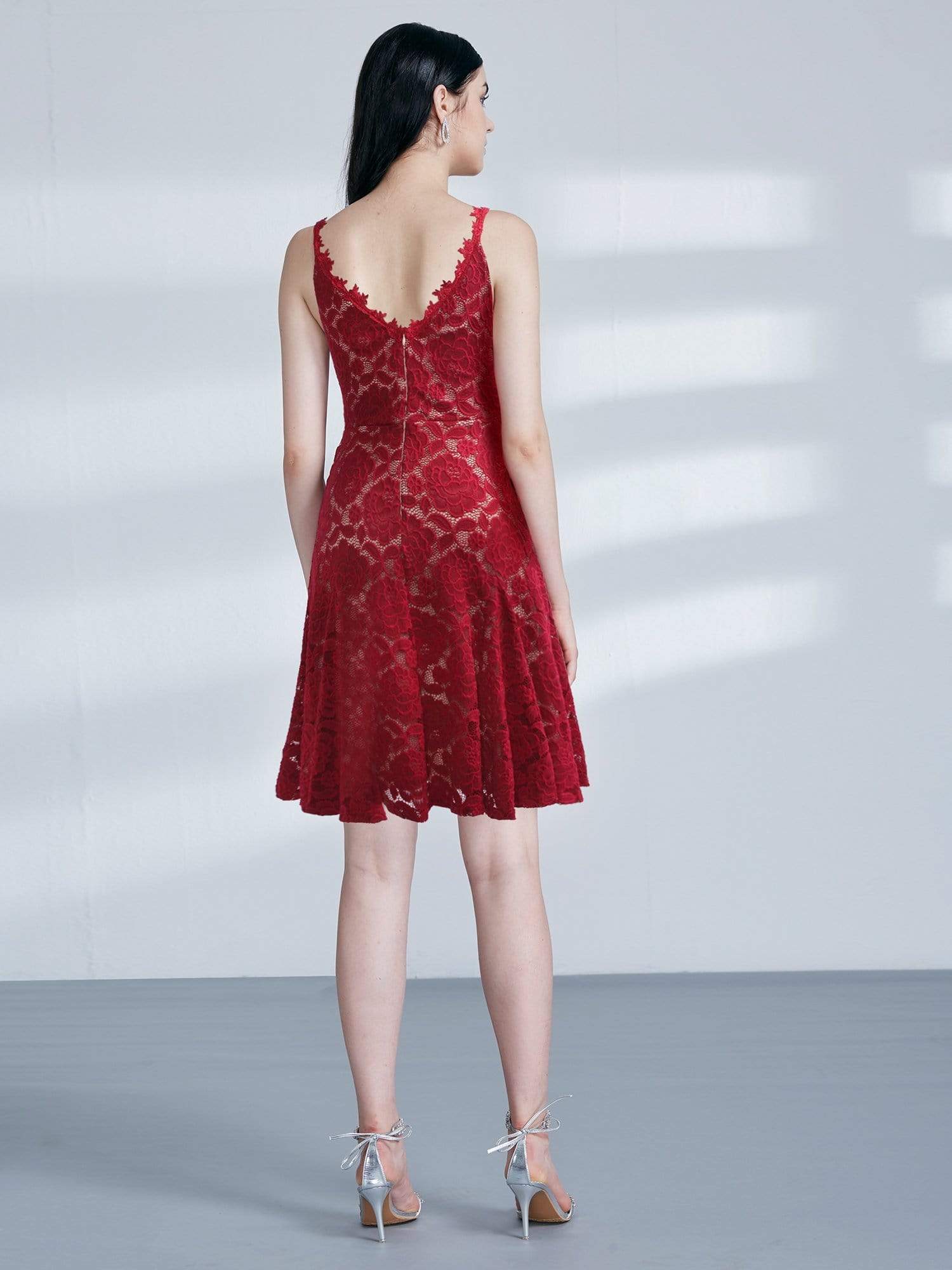 Color=Burgundy | Women Elegant A Line V Neck Lace Cocktail Dress Knee Length-Burgundy 2 Color=Burgundy | Women Elegant A Line V Neck Lace Cocktail Dress Knee Length-Burgundy 2