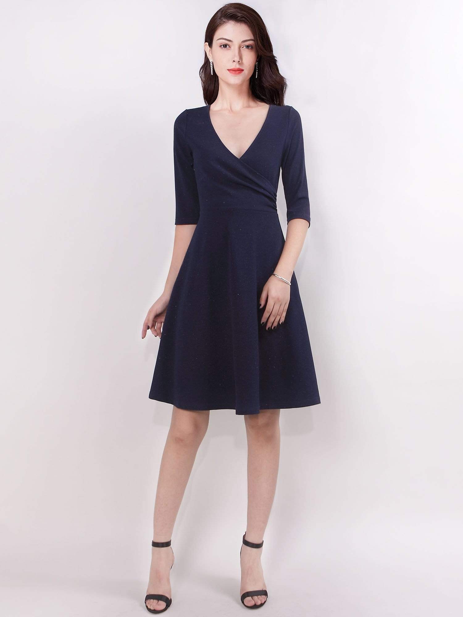 Color=Navy Blue | Half Sleeve V Neck Short Casual Dress-Navy Blue 1 Color=Navy Blue | Half Sleeve V Neck Short Casual Dress-Navy Blue 1